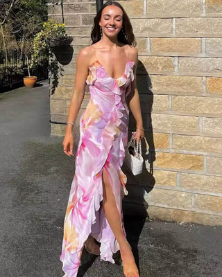 Blumiges Volant-Maxikleid mit Beinschlitz – Rosa-Flieder