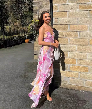 Blumiges Volant-Maxikleid mit Beinschlitz – Rosa-Flieder