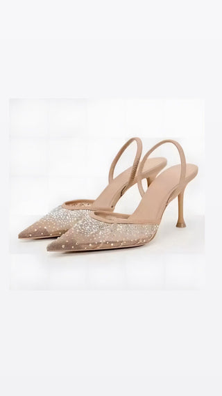 High Heels Damen – Beige Pumps mit glitzernden Steinchen & Mesh