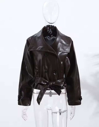 Maya – Dunkelbraune Lederjacke mit Bindegürtel