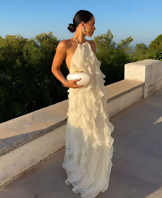 Ariella Maxikleid in Weiß – Rückenfrei mit Volants, Neckholder