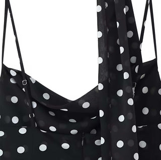 Amara Maxikleid – Schwarzes Kleid mit Polka-Dots, Spaghettiträgern, Chiffonschal