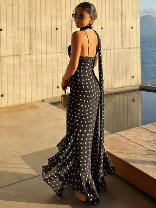 Amara Maxikleid – Schwarzes Kleid mit Polka-Dots, Spaghettiträgern, Chiffonschal
