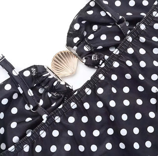 Amaléa Maxikleid – Schwarzes Kleid mit Polka-Dots, goldener Muschel-Applikation