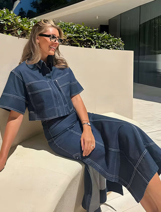Urban Frame Set – Cropped Shirt, Strukturierter Maxirock in Denim