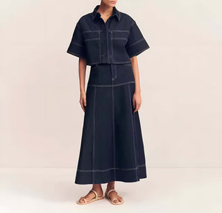 Urban Frame Set – Cropped Shirt, Strukturierter Maxirock in Denim