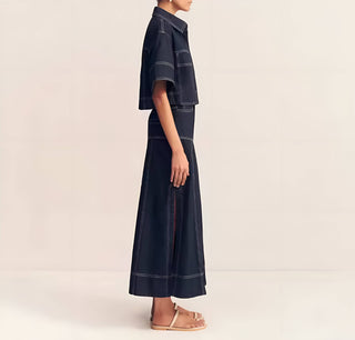 Urban Frame Set – Cropped Shirt, Strukturierter Maxirock in Denim