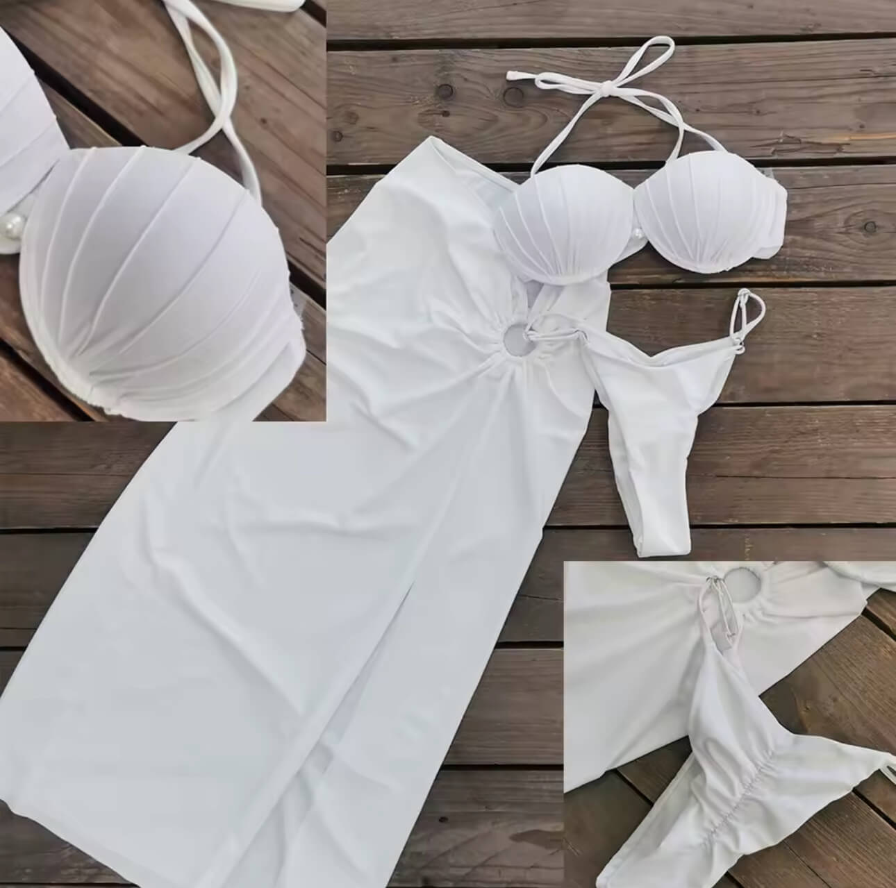 Weißes Bikini-Set mit Muschel-Cups & Sarong – 3-teilig