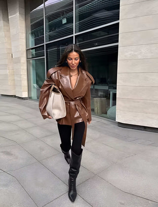 Camila – Brauner Leder Blazer mit Bindegürtel
