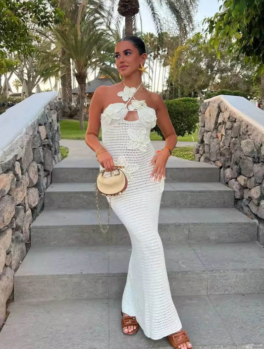 Basa - Häkel-Maxikleid mit Blüten-Ausschnitt