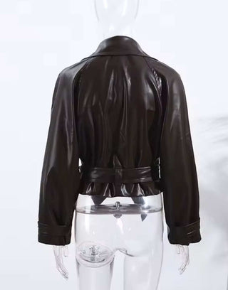 Maya – Dunkelbraune Lederjacke mit Bindegürtel
