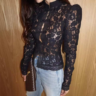Tiffany – Elegante Spitzenbluse mit Puffärmeln in Weiß oder Schwarz