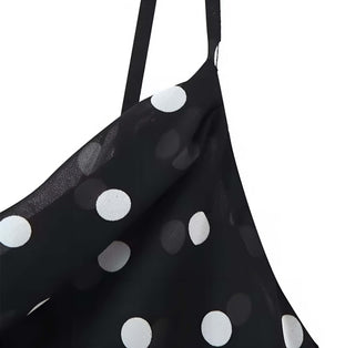 Amara Maxikleid – Schwarzes Kleid mit Polka-Dots, Spaghettiträgern, Chiffonschal
