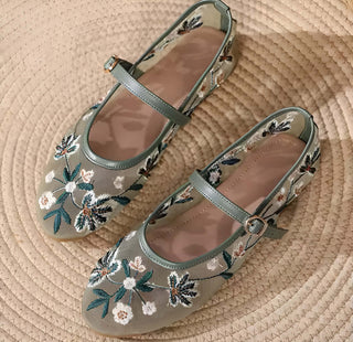 Eléna Mesh Ballerinas – Zarte Sommerschuhe mit floraler Stickerei, Mary-Jane-Riemen