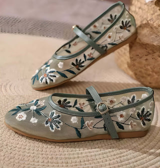 Eléna Mesh Ballerinas – Zarte Sommerschuhe mit floraler Stickerei, Mary-Jane-Riemen
