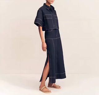 Urban Frame Set – Cropped Shirt, Strukturierter Maxirock in Denim