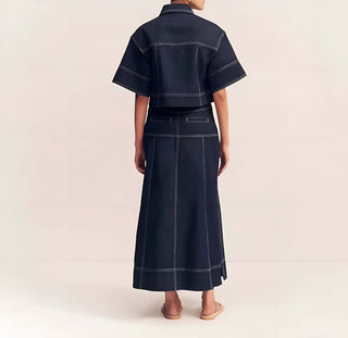 Urban Frame Set – Cropped Shirt, Strukturierter Maxirock in Denim