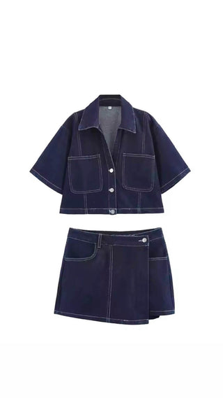 Jade – Dunkelblaues Jeans-Set mit oversized Jacke, Skort